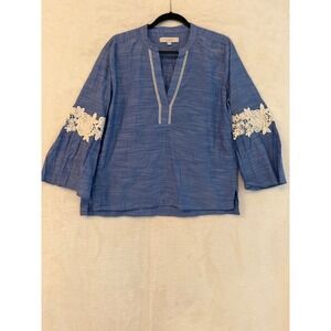 LOFT Blue Chambray Lace Crochet Bell Sleeve Split Neck Blouse Top Medium